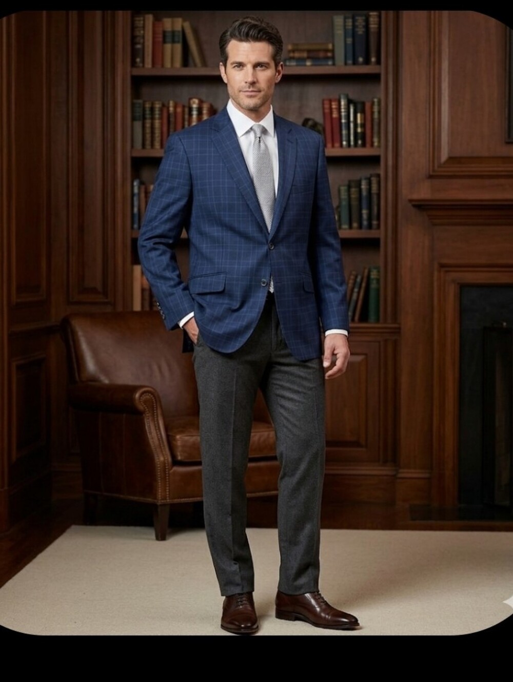 New J Hilburn Windowpane Blazer Suit Coat L Dark Blue 2 Button